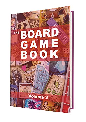 "Book cover of 'The Board Game Book Volume 2' showing cartoon people playing a game."