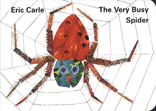 "Children's book cover featuring a colorful spider on a white web background."