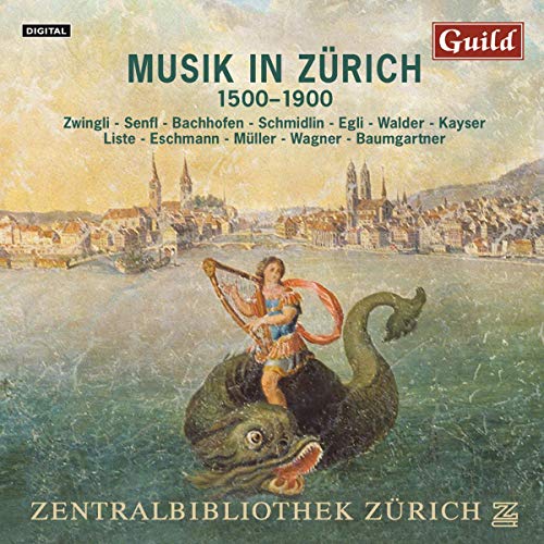 CD cover: a fantastical scene with a harpist riding a sea monster, Zurich skyline.