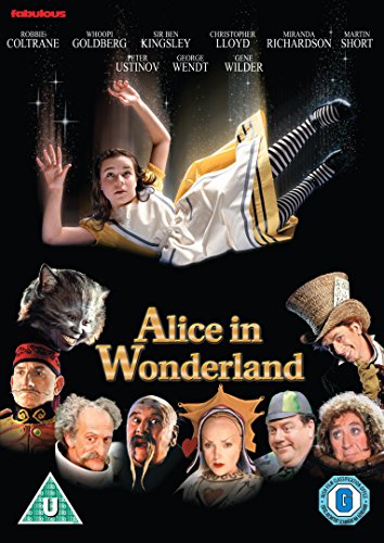 "DVD cover for 'Alice in Wonderland' with a girl falling and character images below."