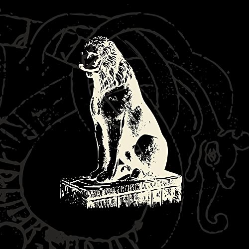 Beige lion statue on a stone base, against a dark, swirling background.