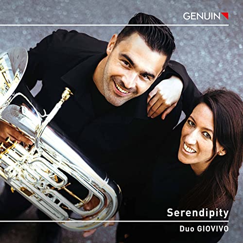 CD cover: Duo Giovivo, a smiling man and woman with a tuba.