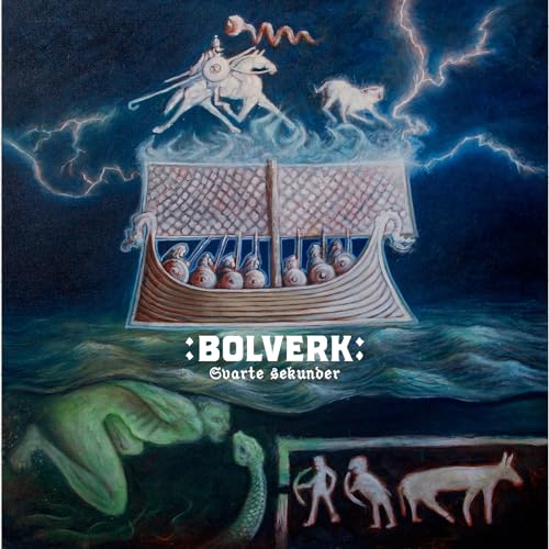Painted album cover: Viking ship with figures, stormy sky, and mythical creatures.