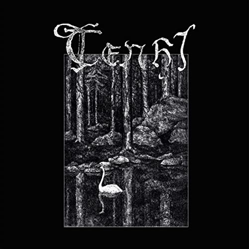 Black and white album cover with forest scene and a swan.