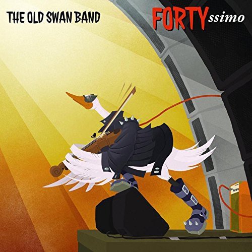 "CD cover art featuring a cartoon swan playing violin on stage."