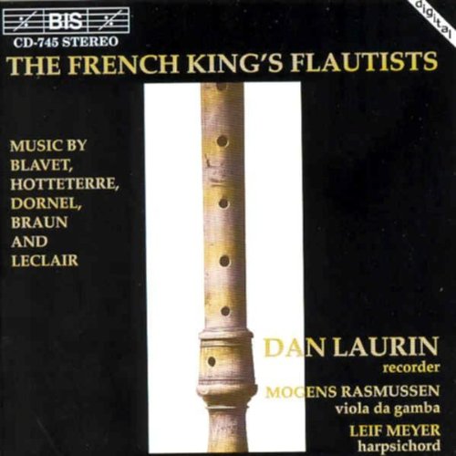 Black CD cover with a recorder and yellow text, titled "The French King's Flautists".
