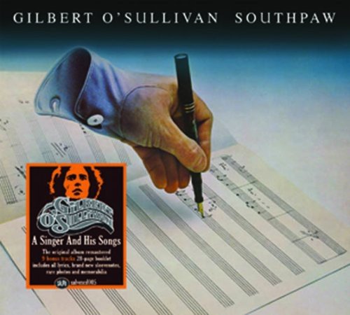 "Album cover with a hand holding a pen on sheet music."
