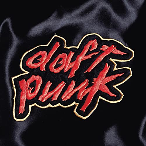 Red "Daft Punk" logo patch on black, shiny fabric background.