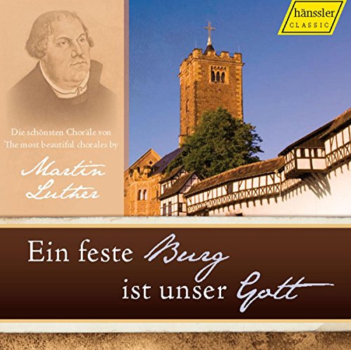 "CD cover featuring Martin Luther portrait, church image, and German text on brown background."