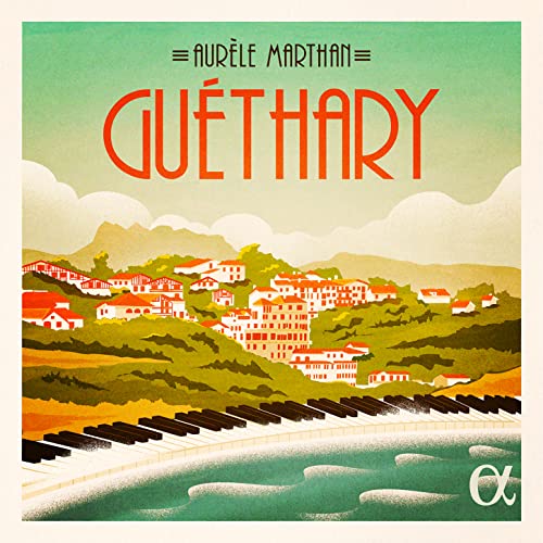 CD cover: coastal town illustration over piano keys, text “Guéthary”.