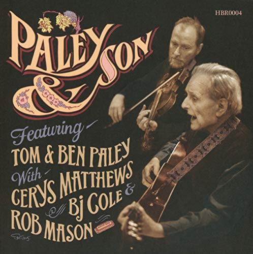 "Album cover with two men playing violins, ornate title and names in yellow and gray."