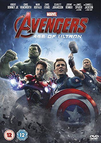 "Avengers Age of Ultron DVD cover featuring Marvel superheroes in action poses, beige background."