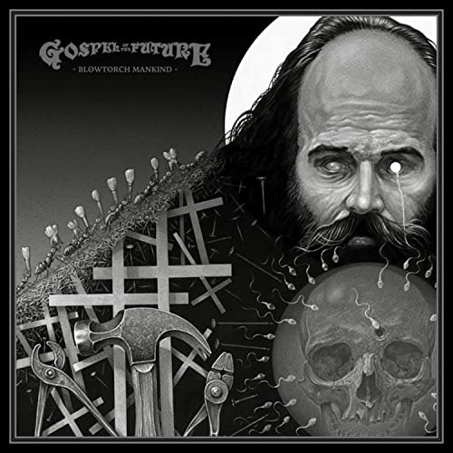 CD cover: portrait of a man with tools, skulls, and barbed wire.