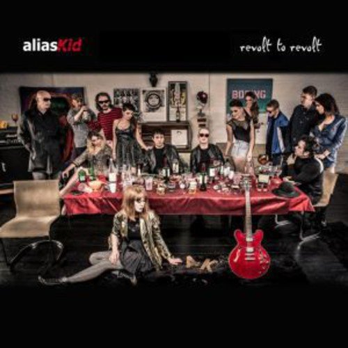 "Album cover with people around a cluttered table and a red guitar on the floor."