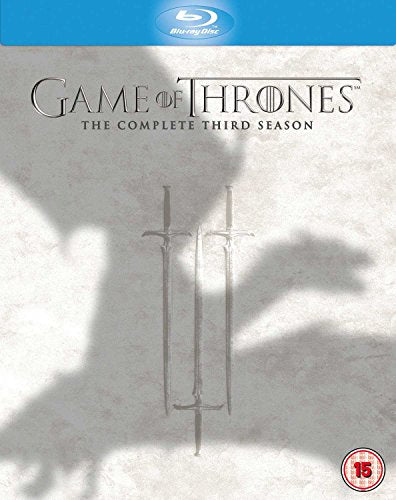 "Blu-ray cover for Game of Thrones Season 3, featuring sword shadows on a stone surface."