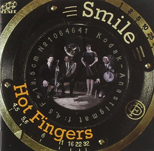 "CD cover with a camera lens and four musicians in black and white."