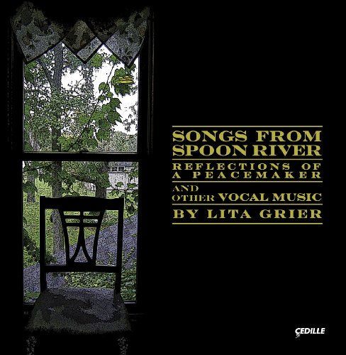 "CD cover with black background, yellow text, and a window with a chair."