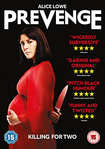 DVD cover for Prevenge featuring a pregnant woman in red holding a kitchen knife.