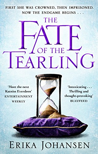 "The Fate of the Tearling" book cover featuring an hourglass on a purple cushion.