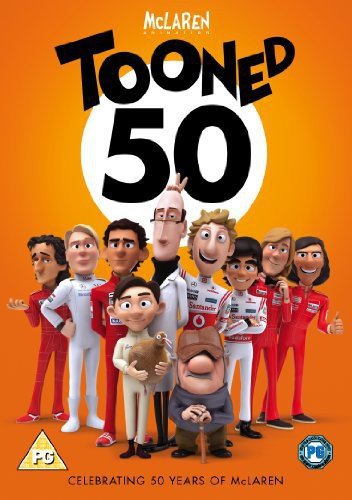 Tooned 50" DVD cover featuring cartoon McLaren racing drivers and a chicken.