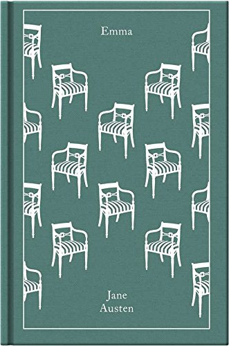 "Green hardcover book with white chair pattern, 'Emma' and 'Jane Austen' in white text."