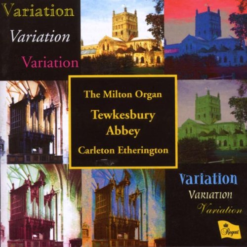 "CD cover featuring images of Tewkesbury Abbey and its organ in different colors."