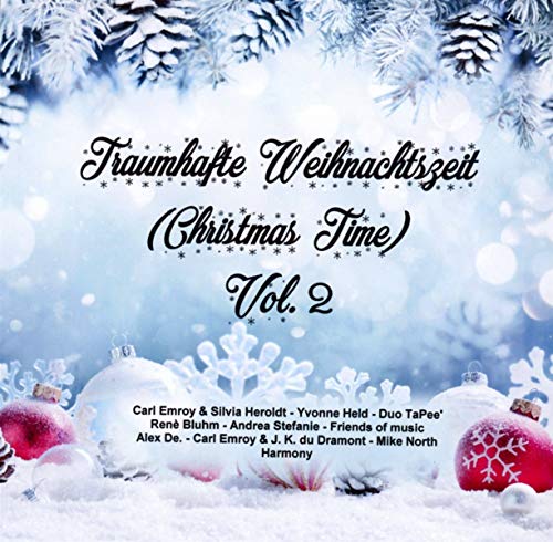 "Christmas album cover with snow-covered pine branches, ornaments, and snowflakes on a blue background."