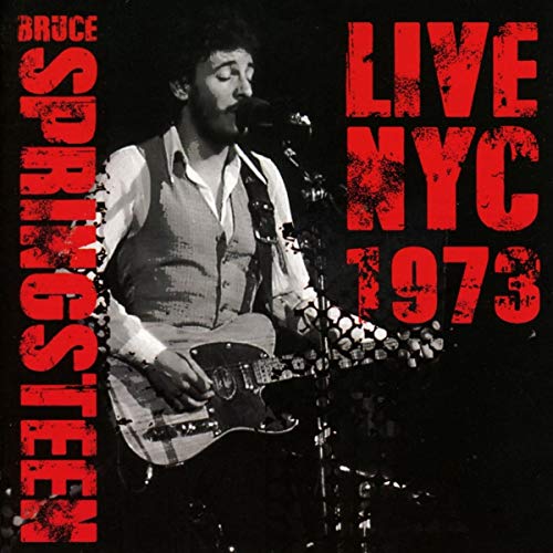 Bruce Springsteen playing guitar and singing on stage with red text overlay.