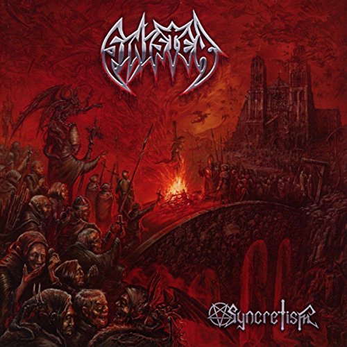 Dark album cover with gothic lettering, a burning landscape, and a crowd.