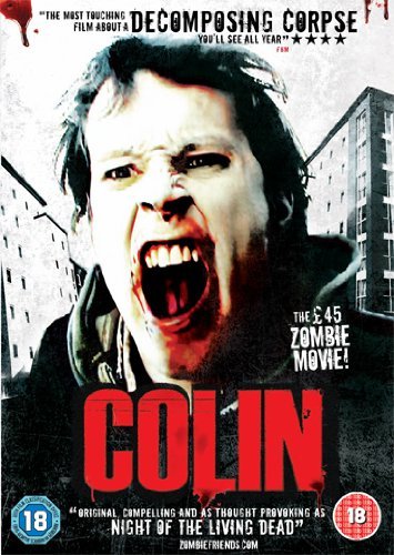The image is a DVD cover for the film "Colin". The cover features a man with an open mouth, appearing to be screaming or shouting. He has dark hair and is wearing a dark jacket. The background of the image is a gray, cloudy sky with a building visible behind the man. The title "COLIN" is prominently displayed in large red letters at the bottom of the cover, with the tagline "ORIGINAL COMPELLING AND AS THRILLING AS 'N