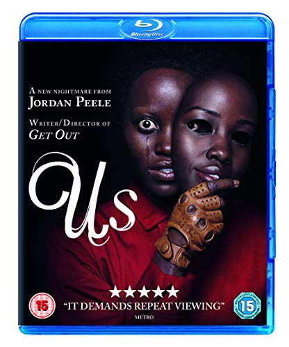 “Us” Blu-ray cover featuring Lupita Nyong'o in a dual-face portrait.