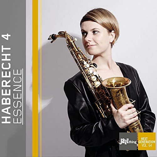 Woman holding a saxophone, wearing a black leather jacket, on a grey background.