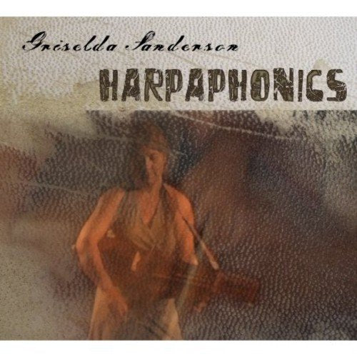 "Album cover with a person holding a harp, textured background, and artist's name."