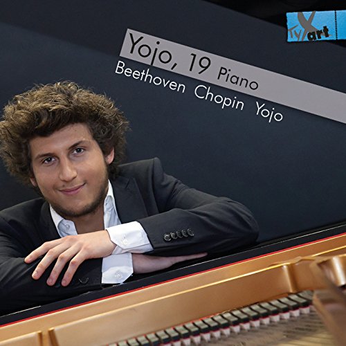 CD cover featuring a young man resting on a piano with text overlay.