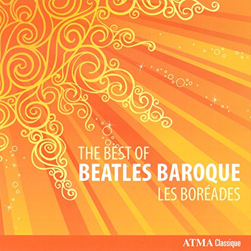 "Album cover with orange background, yellow swirls, and white text 'The Best of Beatles Baroque'."