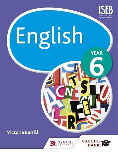 "Purple book cover with 'English Year 6' text and multicolored letters."