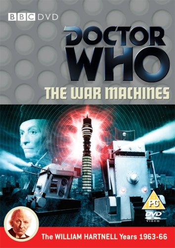 "Doctor Who: The War Machines DVD cover featuring robots and a man in a futuristic cityscape."