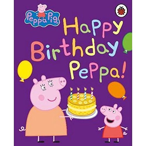 "Children's book cover featuring Peppa Pig with a birthday cake and balloons on purple background."
