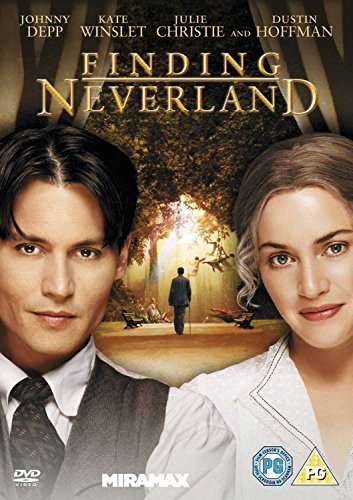 "Finding Neverland DVD cover featuring Johnny Depp and Kate Winslet with a man in a park."