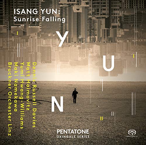 "Album cover with a person standing alone on a beach, cityscape in the background."