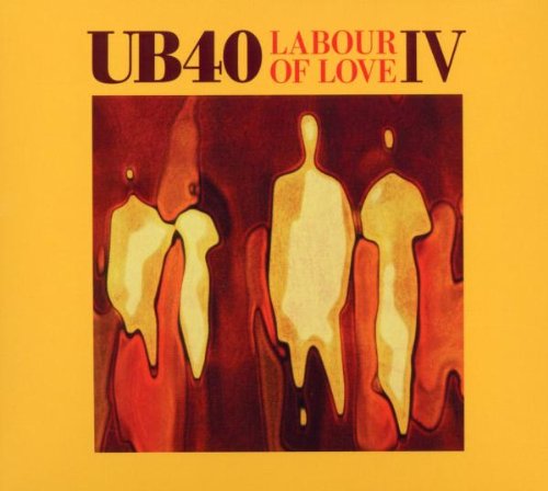 "Album cover with orange background, abstract figures, and 'UB40 Labour of Love IV' text."