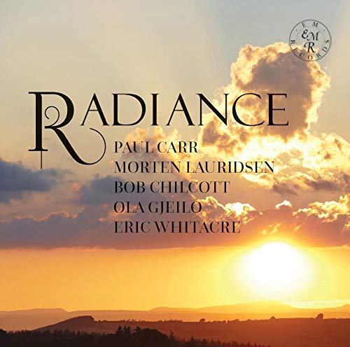 "Album cover with 'Radiance' title, names, and sunrise landscape with clouds."