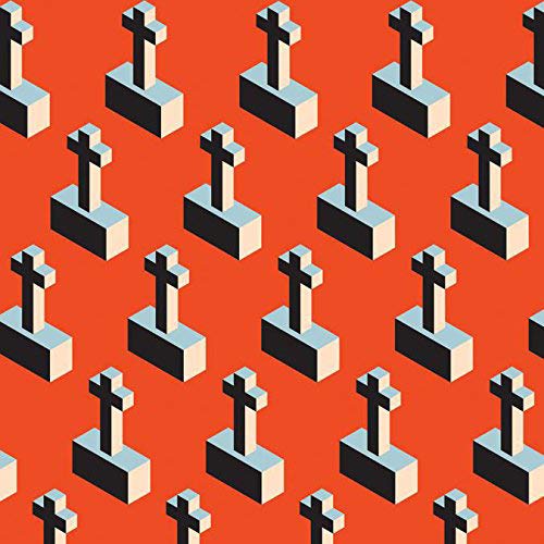 Isometric crosses on pedestals repeat against a bright orange background.
