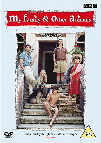 DVD cover featuring a family and dog on steps, with red title banner.