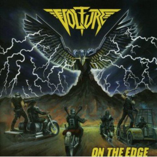 CD cover: vulture with spread wings over bikers and stormy landscape.