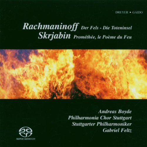 CD cover with fiery orange and yellow abstract image, text details composers.