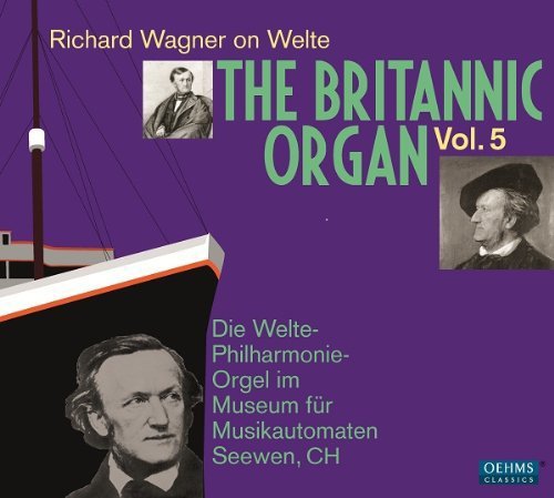 "CD cover with purple background, ship, and portraits of three men, including Richard Wagner."