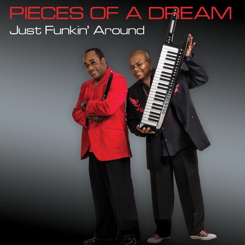 "Album cover with two men, one holding a keytar, against a gray gradient background."