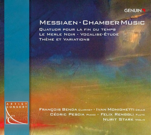 CD cover for Messiaen’s chamber music with dark blue and red accents.