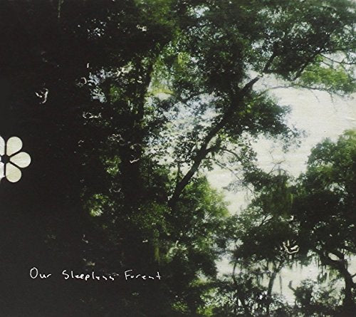 "Album cover with dark forest scene, white flower, and handwritten title 'Our Sleepless Forest'."